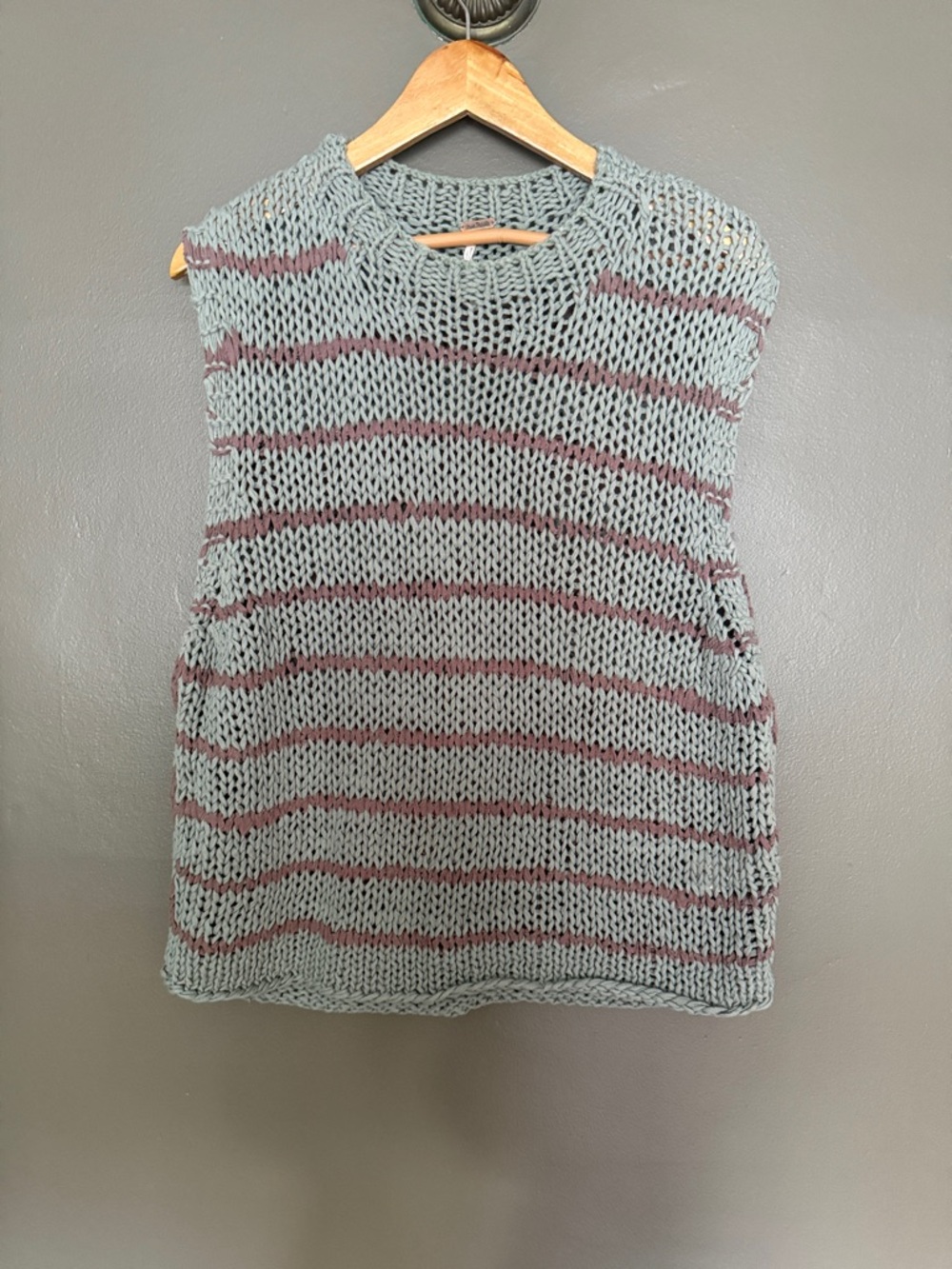 Free People Open-Knit Sleeveless Sweater in teal green with light brown Stripes